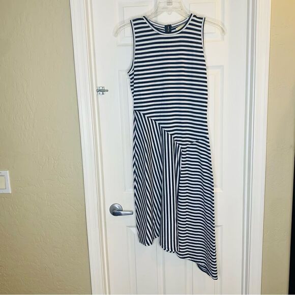 Michael Kors Striped Asymmetrical Tank Dress Size Medium Navy and White - Picture 5 of 11